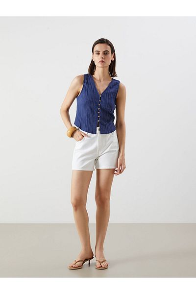 LC Waikiki Navy Blue V-Neck Textured Muslin Blouse
