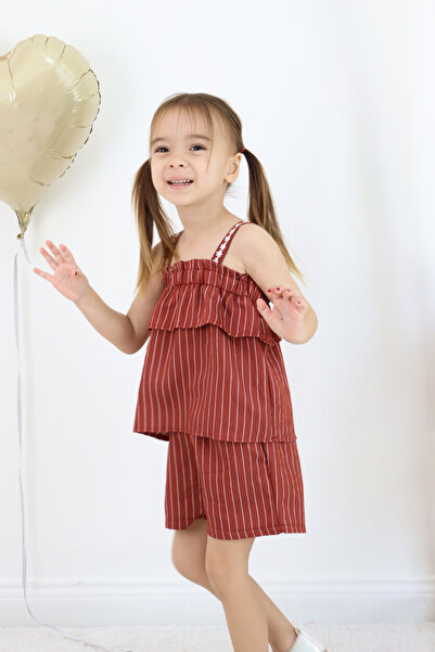 FESSHERA KİDS 💜 Girls' Strappy Striped Shorts Set – Ruffle and Floral Embroidery Detail 💜