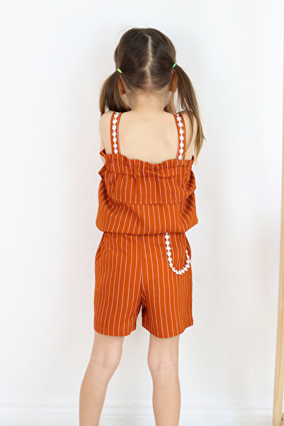 FESSHERA KİDS 💜 Girl's Strappy Striped Shorts Set – Ruffle and Floral Embroidery Detail 💜