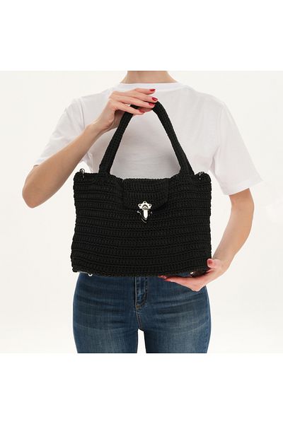 a02teks Women's Black Color Handmade Tight Woven Paper Rope Knitted Daily Shoulder Bag Unlined Black