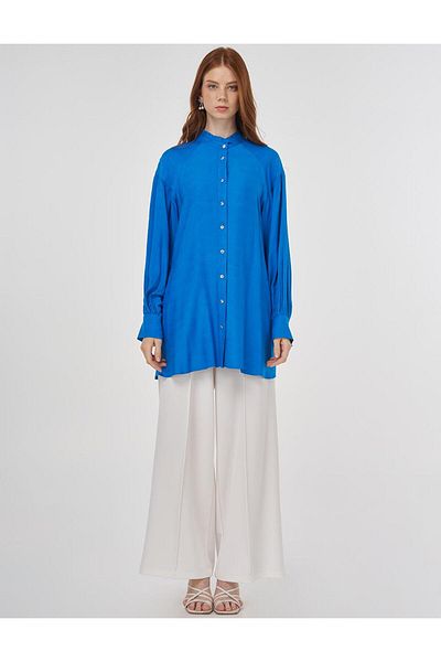 Kayra Viscose Tunic with Ruffle Collar Cobalt Blue