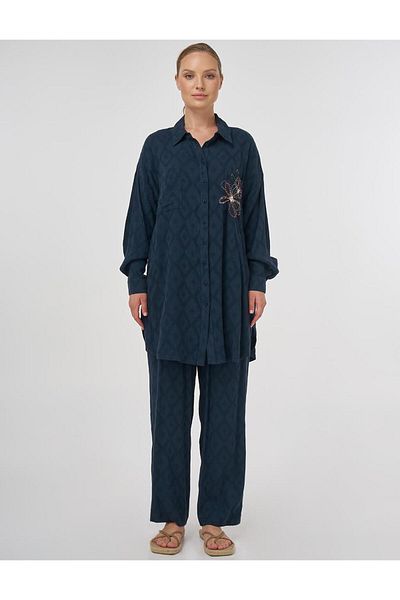 Kayra Beaded Viscose Double Suit Navy Blue