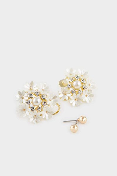 DeFacto Women's 2-Piece Pearl Detailed Floral Earrings F0887Axns