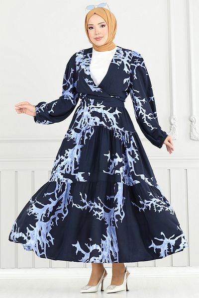 ModaMerve Tie Waist Viscose Suit 843Ozr1047-M Indigo&Laci
