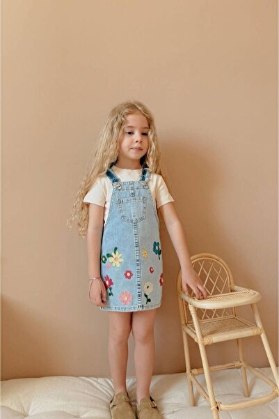Nils Kids Butik Çiçek Desenli Askılı Kot Elbise-4-5 yaş