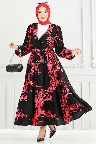 ModaMerve Tie Waist Viscose Suit 843Ozr1047-M Red&Black