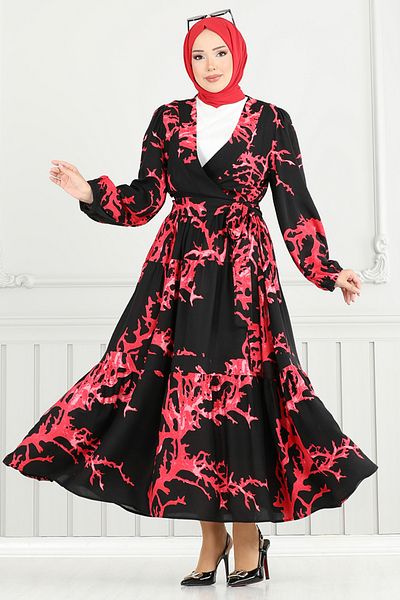 ModaMerve Tie Waist Viscose Suit 843Ozr1047-M Red&Black
