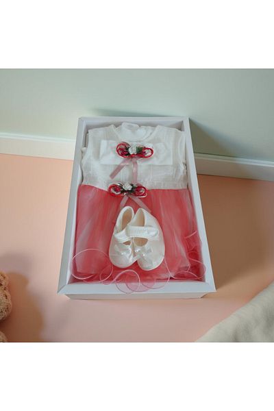 OEM Set trusou botez, fata, rochita alb-rosu, bavetica, body, botosei, 3 body Little Princesse, jucarie