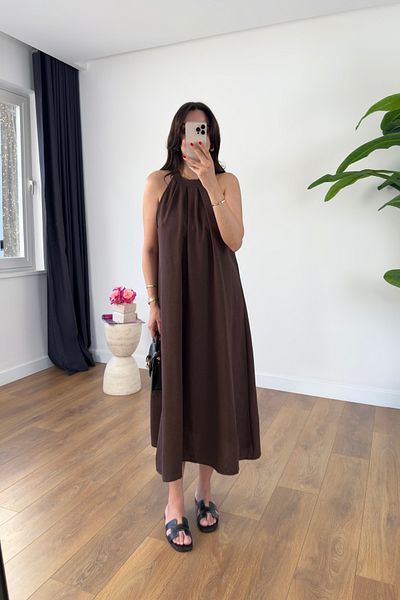 BİRCANÇİL Yerta Bitter Brown Neck Detailed Maxi Dress