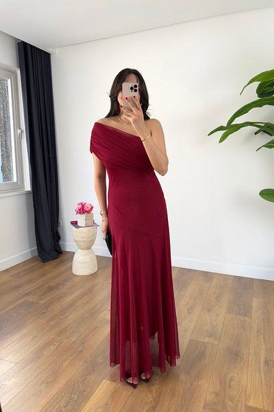 BİRCANÇİL Rany Burgundy One Shoulder Detailed Lined Tulle Dress