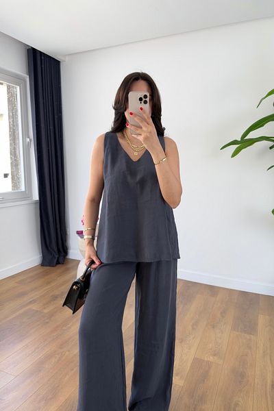 BİRCANÇİL Leyona Anthracite V-Neck Blouse Pants Set