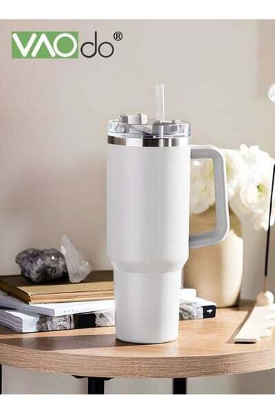 VAODO 1200ml Stainless Steel Hot Water Cup Double Layer Vacuum with Handle and Lid and Straw