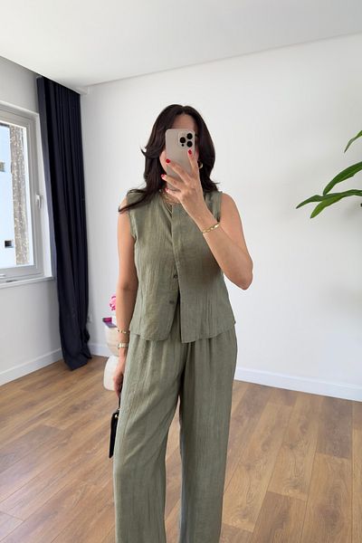 BİRCANÇİL Md Lizya Khaki Hidden Button Detailed Trousers Suit