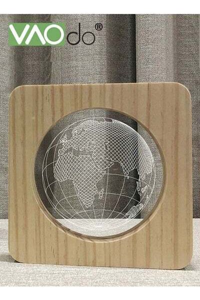 VAODO LED Night Light Earth Shaped Laser Engraved Acrylic Board Home Decoration Wooden Warm White Lamp