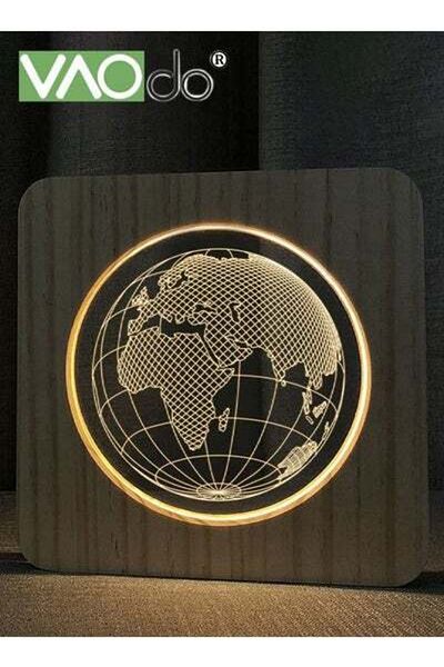 VAODO LED Night Light Earth Shaped Laser Engraved Acrylic Board Home Decoration Wooden Warm White Lamp