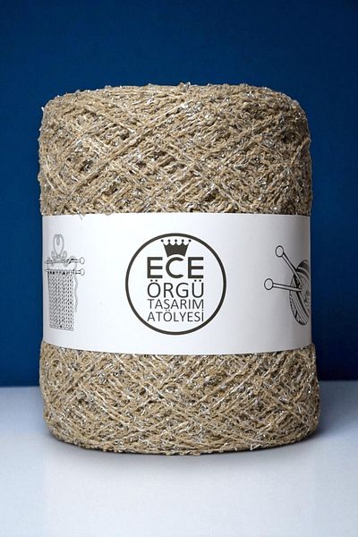 Ece Örgü Tasarım Atölyesi Χρώμα μπεζ άμμου, ασημί γκλίτερ, ιταλικό μπουκλέ, καλοκαιρινό πλεκτό σχοινί (200 γρ.)