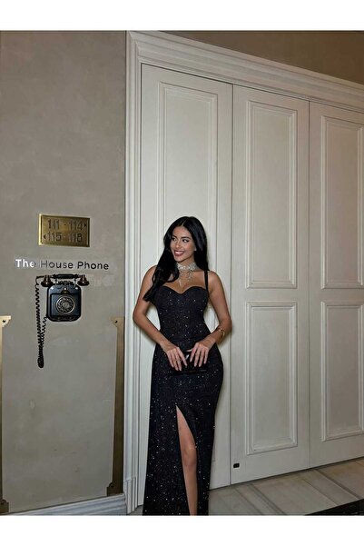 Bellucia Işıltılı Yırtmaç Detaylı Askılı Mezuniyet-Gece Elbisesi