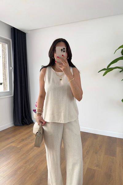 BİRCANÇİL Glow Stone Linen Tank Top Pants Set