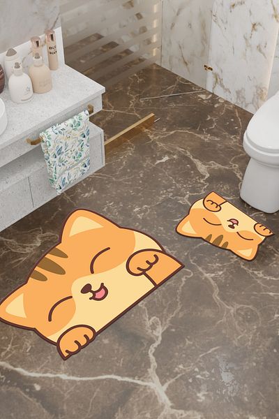 Charmbi Tatlış Cat Patterned Eco Bath Mat, Non-Slip Base, Machine Washable, Digital Printing Set of 2