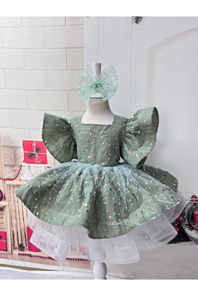 Nissa Parıltılı Zeytin Yeşili Kız coçuk Elbisesi Abiye