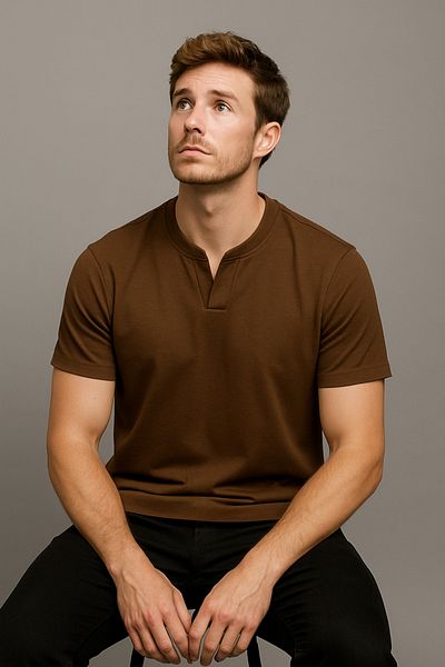 UOMOPARK 2124 Henley T-Shirt Καφέ με λεπτομέρεια με κουμπιά Basic Casual T-shirt