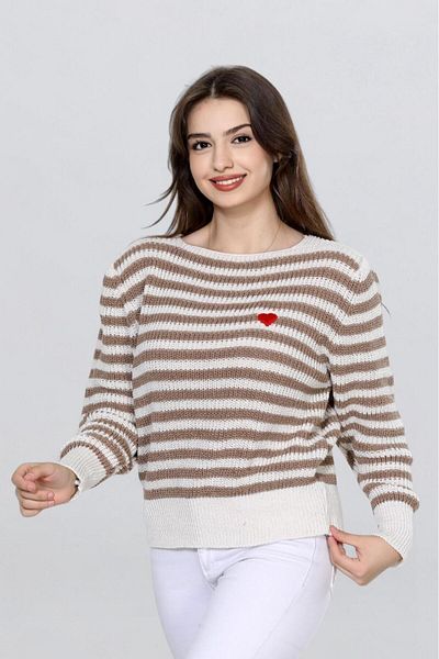 Fox Life Kids Women's Heart Embroidery Detailed Striped Knitted Sweater Flt1023