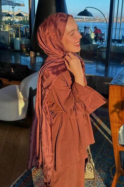 carell Rana Nisa's Choice Lettering Pattern Jacquard Italian Silk Shawl Red Brown