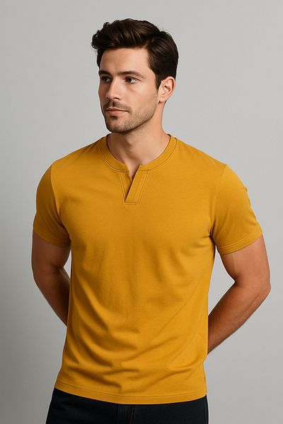LACİVERTMEN Navy Blue 2124 Henley T-Shirt Brown Button Detailed Basic Casual t Shirt