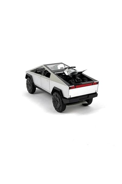 BaoBao Silver Tesla Cybertruck with ATV, 1:24 metal model, open doors and realistic details
