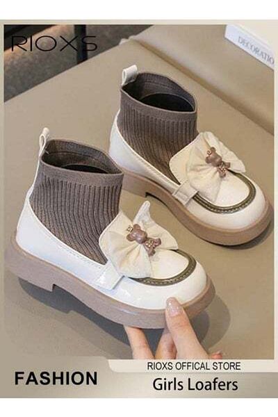 RIOXS Bowknot Flat Loafers Closed Round Toe Patent Leather Fashion Slip-On Shoes Low Heel Uniform Shoes