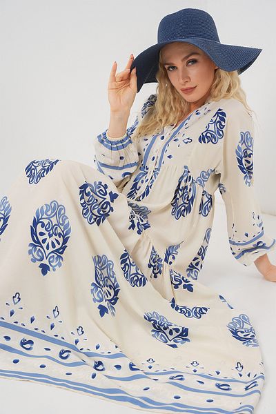 Bigdart Women's Patterned Long Hijab Dress 2585 - Cream