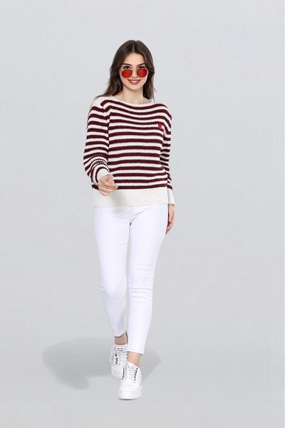 Fox Life Kids Women's Heart Embroidery Detailed Striped Knitted Sweater Flt1023