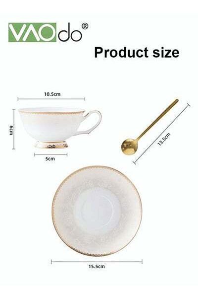 VAODO 2PCS Coffee and Saucer Set With Spoon Thin Through Bone China Hand-painted Gold Black Tea Teacup