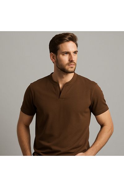 UOMOPARK 2124 Henley T-Shirt Καφέ με λεπτομέρεια με κουμπιά Basic Casual T-shirt