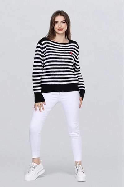 Fox Life Kids Women's Heart Embroidery Detailed Striped Knitted Sweater Flt1023