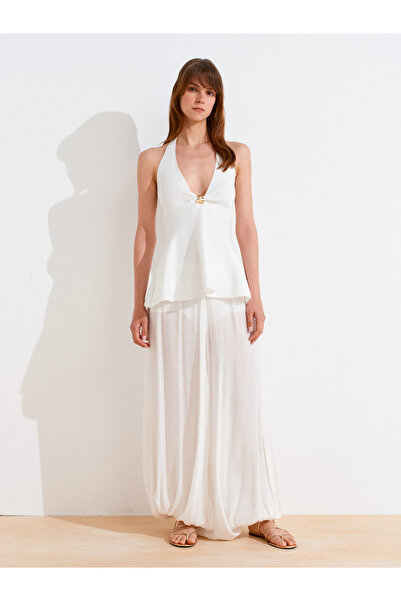 Dilvin 10787 Halter Yaka Metal Detaylı Peplum Triko Bluz-Beyaz