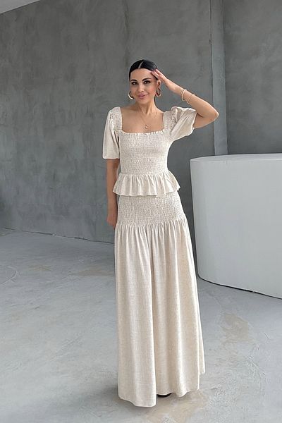 Seda Yalçın Atelier Stone Gipeli Linen Blouse and Skirt Set