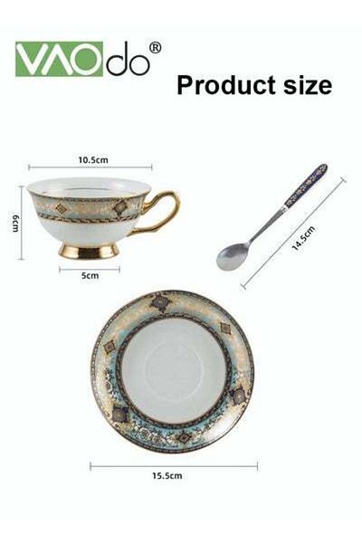 VAODO 2PCS Coffee and Saucer Set With Spoon Thin Through Bone China Hand-painted Gold Black Tea Teacup