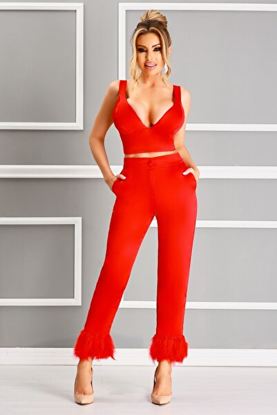 Atmosphere Fashion Pantaloni roșii cu pene