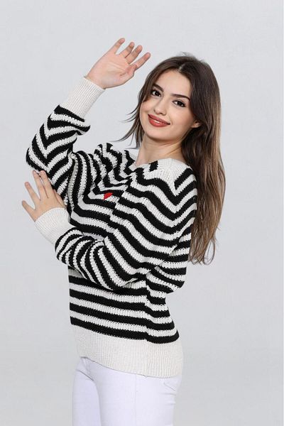 Fox Life Kids Women's Heart Embroidery Detailed Striped Knitted Sweater Flt1023