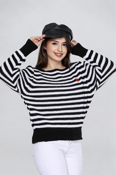 Fox Life Kids Women's Heart Embroidery Detailed Striped Knitted Sweater Flt1023