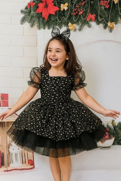 Nissa Black Gold Patterned Embossed Princess Evening Dress