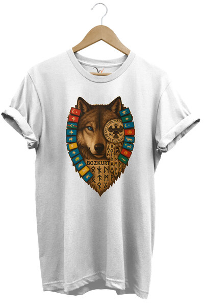 WİDİ Tricou Bozkurt cu alfabetul Gokturk și steagurile statelor turcești imprimat 100% bumbac cu croiala normală