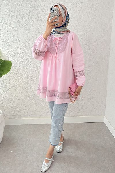 Salih Çelebi Lace Detailed Tunic 2305 - Pudra