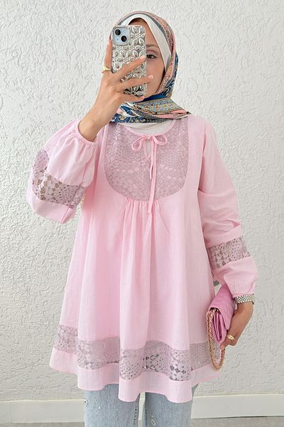 Salih Çelebi Lace Detailed Tunic 2305 - Pudra