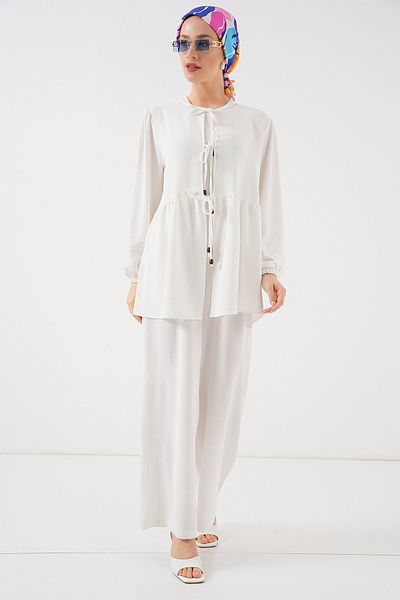Bigdart Women's Front Lace-Up Tunic Trousers Double Set 6744 - White