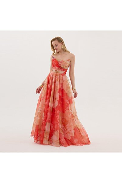 m mass-ha Turuncu Straplez Tül Empirme Abiye Elbise