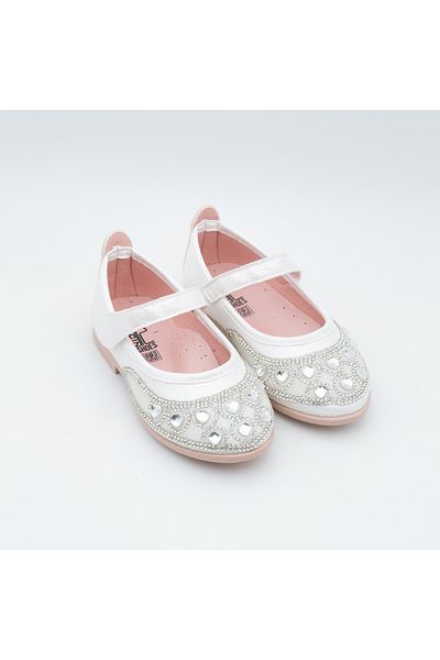 Arçın Shoes Girl's White Hearted Stone Ballerina Shoes – Sparkling Velcro Model – Stylish & Comfortable
