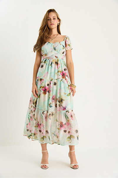 Bianco Lucci Γυναικείο φόρεμα βισκόζης με λουλουδάτο μοτίβο με λεπτομέρεια στη μέση 5257 60281101