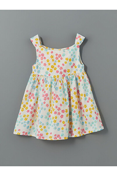 LC Waikiki LCW Kids Ecru Crew Neck Floral Κοριτσίστικο λινό φόρεμα T T